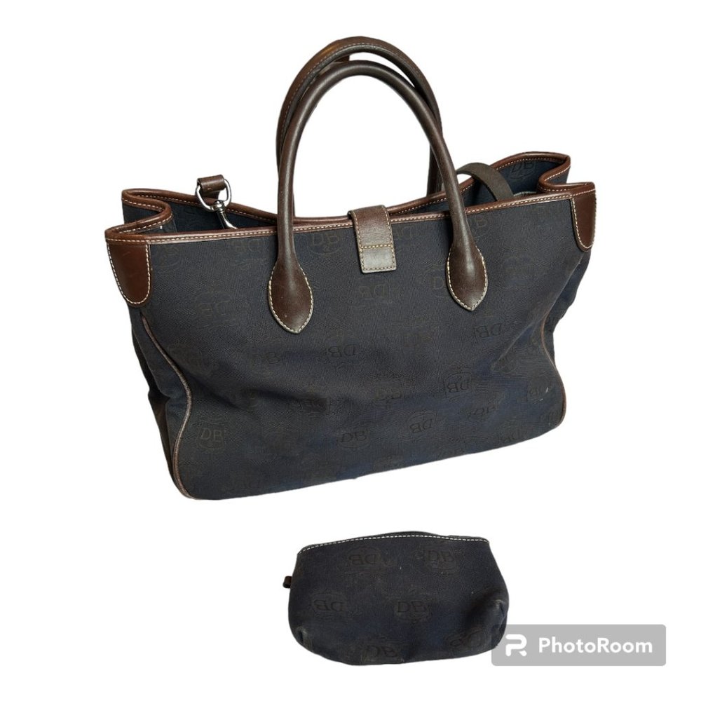 VINTAGE Dooney & Bourke Navy and Brown Leather Tote with Matching Makeup Bag - Picture 3 of 3